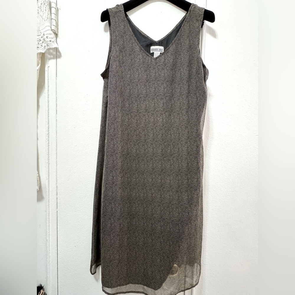 Vintage Y2K Robbie Bee Sz 12 100% Silk Midi Dress Tiny Polka Dot Print Black